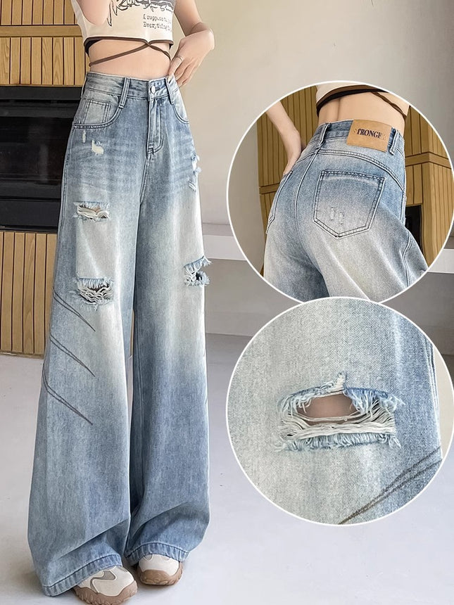 American Retro Ripped Jeans for Women, Summer Style, Loose Wide-Leg Pants, High-Waisted Floor-Length Pants, Washed Design Pants