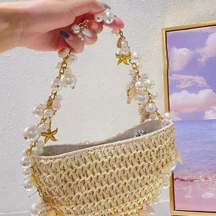 Spring and Summer 2025 New Fairy Pearl Conch Straw Bag Portable Crossbody Bag Small Mobile Phone Bag Hot Girl Y2K Trendy