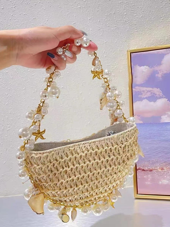 Spring and Summer 2025 New Fairy Pearl Conch Straw Bag Portable Crossbody Bag Small Mobile Phone Bag Hot Girl Y2K Trendy