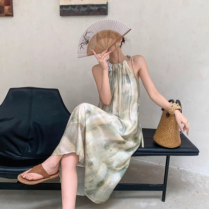 New Chinese Style Light Guofeng Dress Dye Green Unique Elegant Fashion Neck Dress Super Nice Niche Long Dress