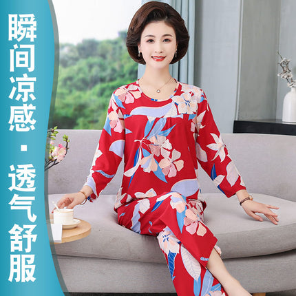 Women's Pajamas 2026 New Spring and Summer Cotton Silk Pullover Long-Sleeve Cool Thin Round-Neck for Middle-Aged and Elderly Mothers