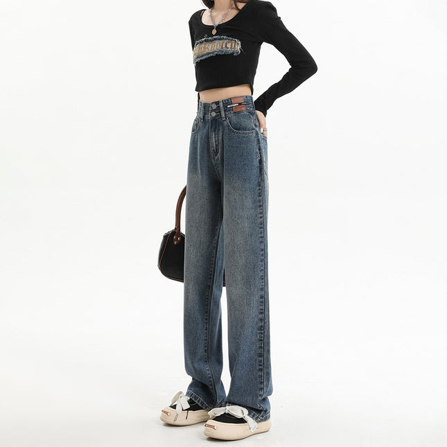 Vintage Wide-Leg Jeans for Women, Spring 2025 New Style, High-Waisted, Petite, Slimming, Straight-Leg, Loose, Floor-Length Pants
