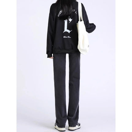 Black Grey Smoke Tube Jeans Women's Trendy All-match Korean Style High Waist Slimming Stretch Slim-fit Niche Narrow Straight Leg Pants