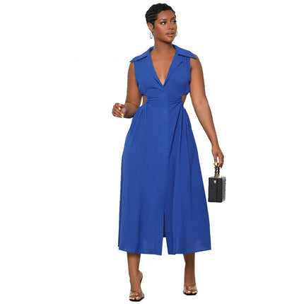 9791 Cross-border Europe and America Amazon Semi-open Collar Leisure Hollow Waist Commuter Split dress