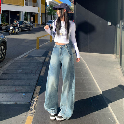 2025 Spring New American Style Retro Scimitar Wide Leg Jeans Women's High Waist Straight Loose Slim-fit Mop Pants