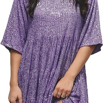 Cross-Border European and American Style Glitter Sequin Half-Sleeved Round Neck Ruffled Loose Short-Sleeved Dress Banquet Dress 10 Colors