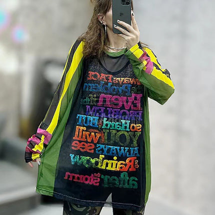 Contrast Color Mesh T-Shirt Bottoming Shirt for Women Creative Military Green Printed Loose Mid-Length Pullover Sun Protection Mesh Shirt Top t