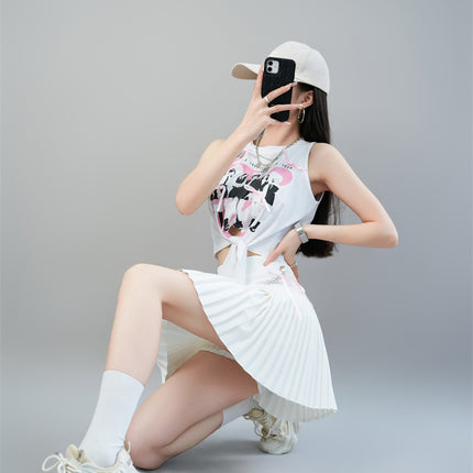 Korean Idol Zhang Yuanying's Same Style White Printed Tank Top Sleeveless Chain Pleated Skirt Short Skirt Stage Outfit Set Summer