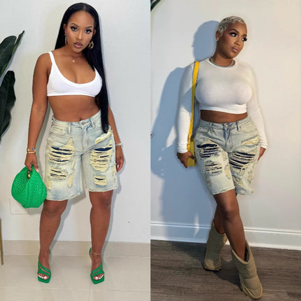 M80306 Cross-Border New Style European and American Fashion Street Trendy Washed Distressed Patchwork Five-Point Denim Shorts