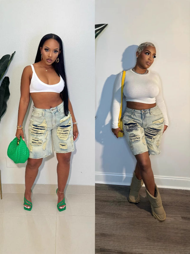 M80306 Cross-Border New Style European and American Fashion Street Trendy Washed Distressed Patchwork Five-Point Denim Shorts