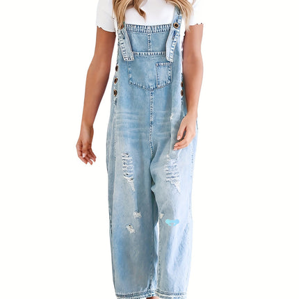 [Light Washed Blue Denim Overalls] Ripped Distressed Style