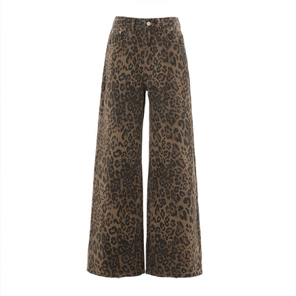 Street Style New High-Waisted Slimming Coffee Brown Leopard Print Pants 2025 Design Wide-Leg Jeans Trendy Women's Fashion