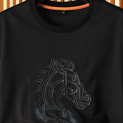 [Light Luxury and Classy] War Horse Leather Embroider Men's Short-Sleeved Summer Fashion Casual Versatile Round Neck T-Shirt Thin