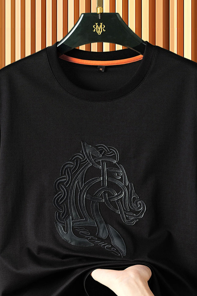 [Light Luxury and Classy] War Horse Leather Embroider Men's Short-Sleeved Summer Fashion Casual Versatile Round Neck T-Shirt Thin