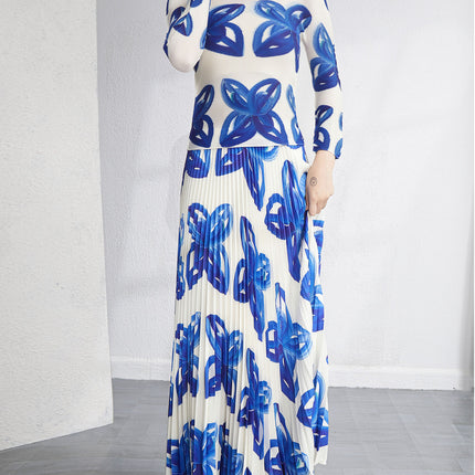 European High-End Printed Pleated Skirt Two-Piece Set Autumn New Miyake Fashion Pleated Suit for Women