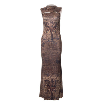 A518DS European and American Spice Girls 2024 Summer New Fashion Printed Round Neck Sleeveless Casual Long Slim Fit dress