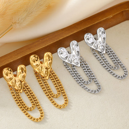 Temperament European and American karst heart-shaped earrings women's retro personality hammer love tassel chain stainless steel earrings wholesale