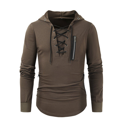 2025 Men's Spring and Autumn Hoodie Solid Color Lace-Up Zipper Pocket Sports Streetwear Hooded Sweatshirt