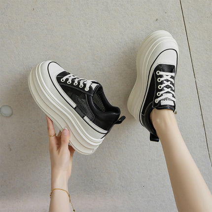 Invisible Inner Height Increasing Women's Shoes 8CM Thick Bottom Small Summer Breathable Mesh All-match Casual Sports Board Shoes White Shoes
