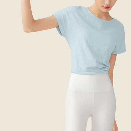 Lu Same Style Yoga Wear Women's Short-Sleeved T-Shirt Breathable Jacquard Slit Strap Elastic Fitness Top Sports Blouse