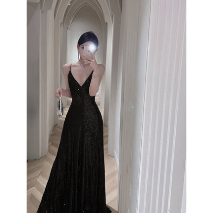 Cross-Border Real Shot Black "Stone Night" Birthday Party Graduation Evening Dress Floor-Length Suspender Sequin Skirt