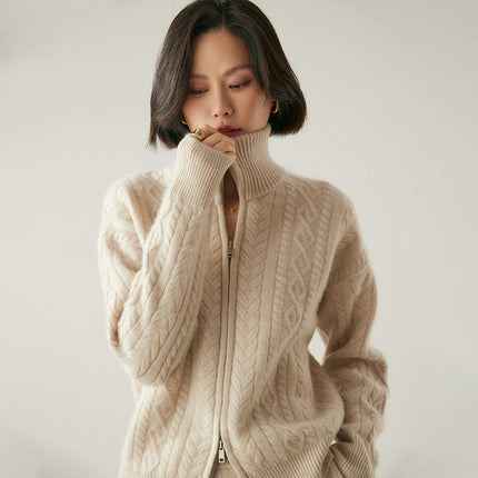 Stand Collar Five-Pin Thickened Cable Heavy Cashmere Cardigan Women's Retro Zipper Long-Sleeved Sweater