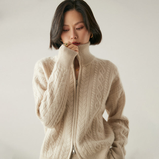 Stand Collar Five-Pin Thickened Cable Heavy Cashmere Cardigan Women's Retro Zipper Long-Sleeved Sweater