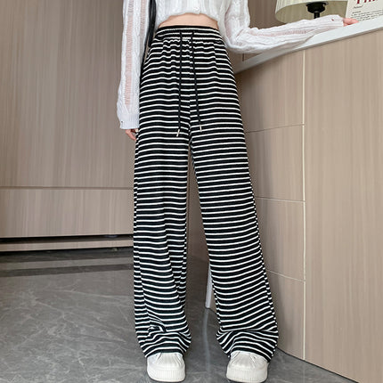 Real Shot Black and White Striped Towel Velvet Wide-Leg Pants for Women 2024 Autum New Loose Drawstring Sports Pants Casual Pants