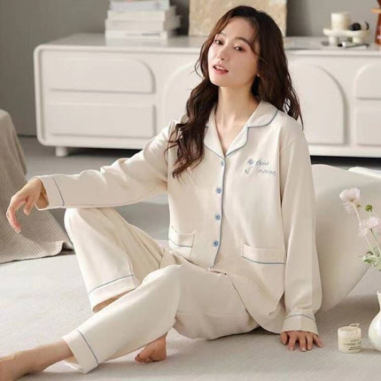 100% Pure Cotton Pajamas Women's Spring and Autumn Long Sleeve Large Size Cardigan Set for Middle-aged and Elderly Women Home Clothes
