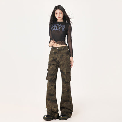 raccoon dog house# high street washed old multi-pocket camouflage Denim overalls for men and women with the same style tide brand loose straight pants