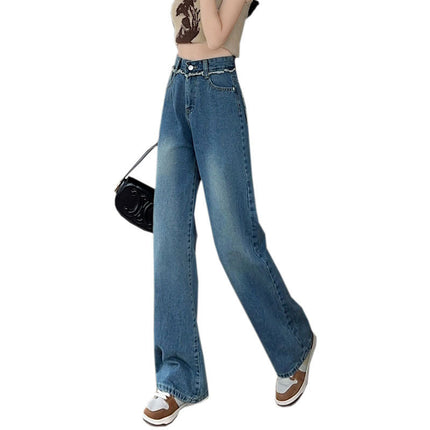 Fashion Rap Edge High Waist Small Straight Wide Leg Denim Trousers Women's Internet Celebrant Retro Rear Pocket Contrast Color Mop Pants