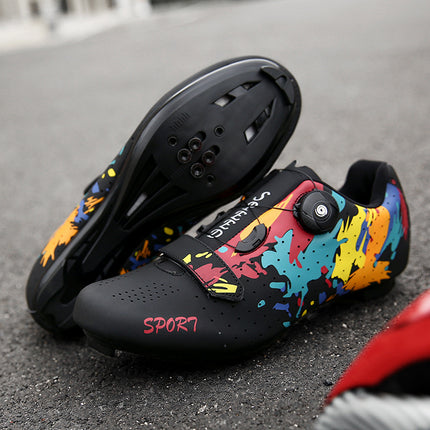 Mountain Bike Lockless Cycling Shoes Men's and Women's Graffiti Road Bike Lock Shoes Hard Sole Dynamic Bicycle Shoes Bicycle Professional Shoes