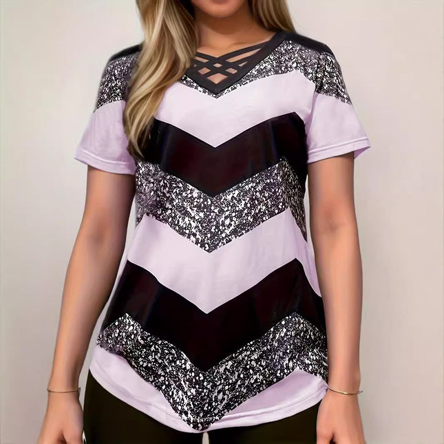 European and American 2025 Amazon TEMU Spring and Summer Explosions Color Crossover V-neck Striped Elegant Casual Short-sleeved T-shirt for Women