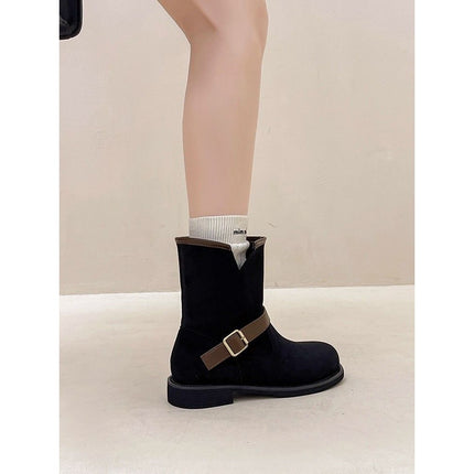 Retro Niche Design Belt Buckle Thick Heel Short Boots for Women 2025 Autumn and Winter New Thick-Soled Elegant Boots