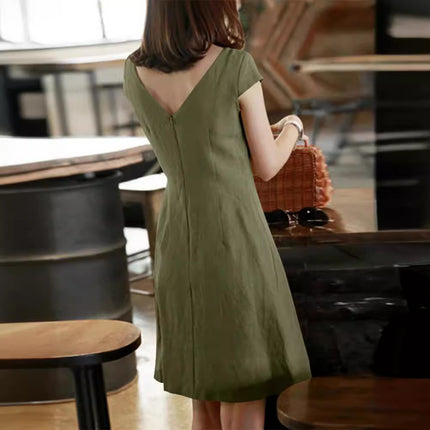 2023 Independent station Amazon new dress back zipper round neck solid color short sleeve cotton linen jumpsuit