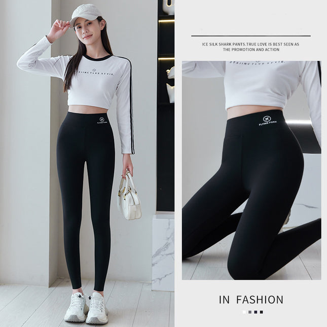 Source: Yiwu Wholesale Ice Silk Thin Yoga Leggings, Airplane Logo, High Waist, Tummy Control, Slimming, Outerwear, Nine-Point Drop Shipping