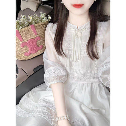 New Women's Dopamine Chiffon Bubble Sleeve White First Love Western Style Lace Court French Super Fairy Over-the-Knee dress