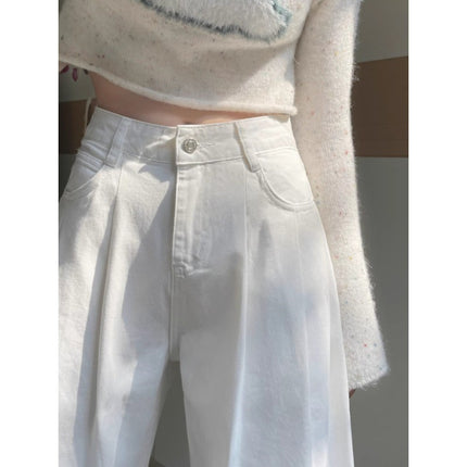 White High Waist Straight Jeans Women's Fashionable All-match Korean Style Pleated Design Sense Loose Slimming Pants