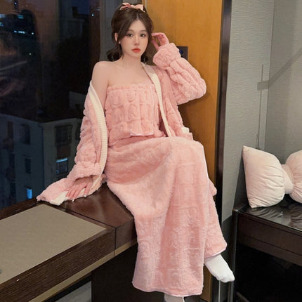 Q3190-3, jacquard coral fleece pajamas small tube-length apron robe three-piece suit autumn and winter warm home
