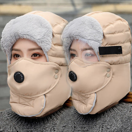 Winter Outdoor Windproof Hat for Men and Women, Ear Protection, Face Protection, Ski Lei Feng Hat, Goggles, Thickeneded Pullover, Cold-Proof Cotton Hat