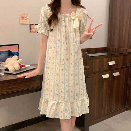 Sweet Bow Square Neck Nightgown with Breast Pad Summer New Cloud Cotton Cartoon Short-Sleeved Princess Style Women's Nightgown