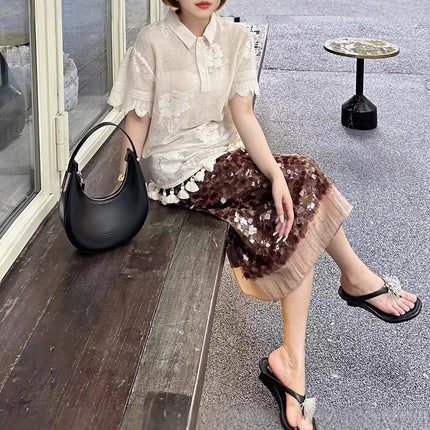 Autumn and Winter Warm-Toned Caramel Coffee-Colored Square Sequin Glitter Versatile High-End Splicing Straight Skirt