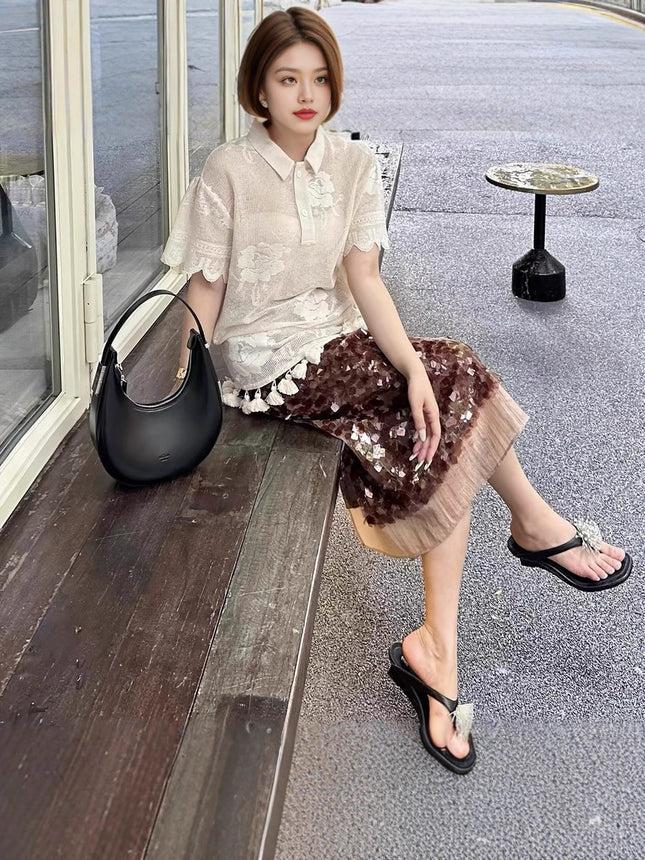 Autumn and Winter Warm-Toned Caramel Coffee-Colored Square Sequin Glitter Versatile High-End Splicing Straight Skirt