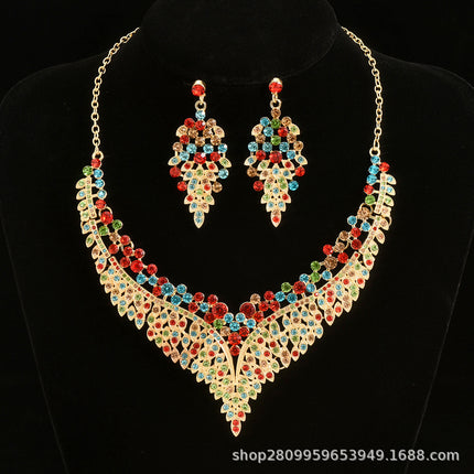 2024 New Exquisite Rhinestone Necklace Earrings Set Party Dress Wedding Accessories Alloy Cross-border Jewelry Supply