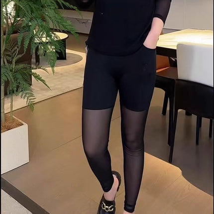 Summer Popular Thin Half Mesh Leggings High Waist Large Size High Elastic Versatile Pocket Anti-Exposure Mesh Nine-Point Pants for Women