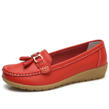 Summer Hollow New Leather Shoes for Middle-Aged and Elderly Mothers, Women's Single Shoes, Bean Shoes, Women's Soft-Soled Wedge-Heeled Clogs, Women's Shoes