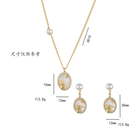 Necklace for Women Korean Style Freshwater Pearl S925 Silver Needle Earrings Mother-Of-Pearl Gold Kitten Fashion Niche Ins Style Necklace