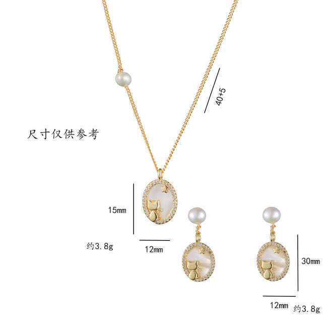 Necklace for Women Korean Style Freshwater Pearl S925 Silver Needle Earrings Mother-Of-Pearl Gold Kitten Fashion Niche Ins Style Necklace