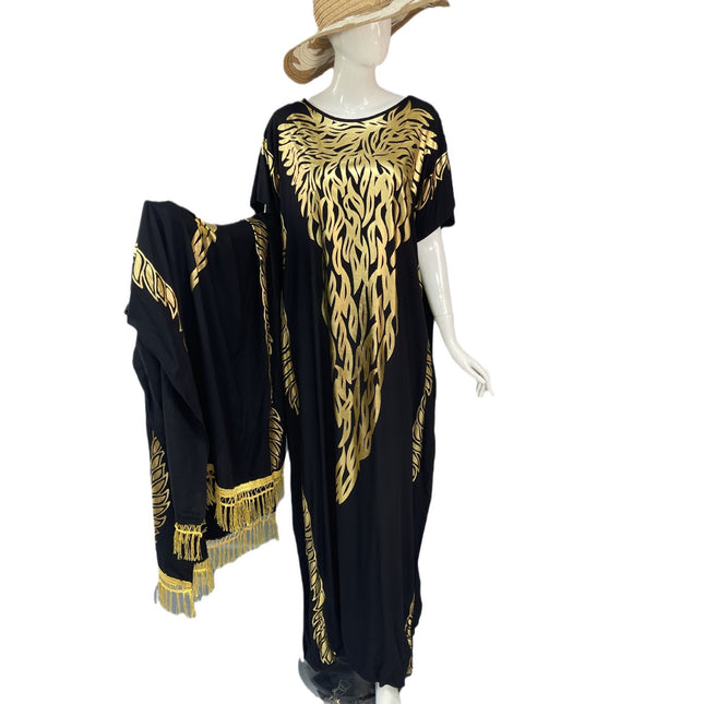 (In-Stock Cross-Border Exclusive) Popular African Robe Set with Rayon Gold-Stamped Large Headscarf, Loose Fit