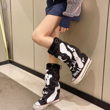 Letter Graffiti Canvas Pants Tube Boots Women's Pleated Stack Boots Niche Design Sense Foreign Trade 2025 plus size Cross-border Boots